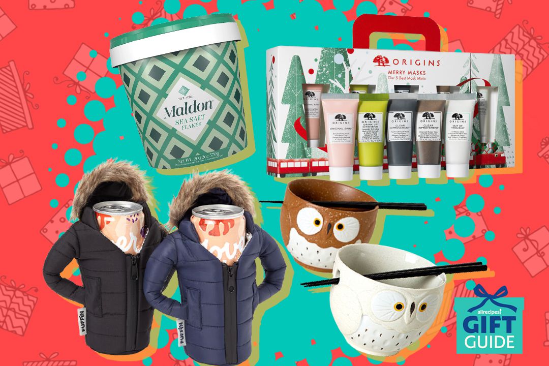 tub of salt, face mask gift set, owl bowls, and parka koozies on teal and red present background with allrecipes gift guide button
