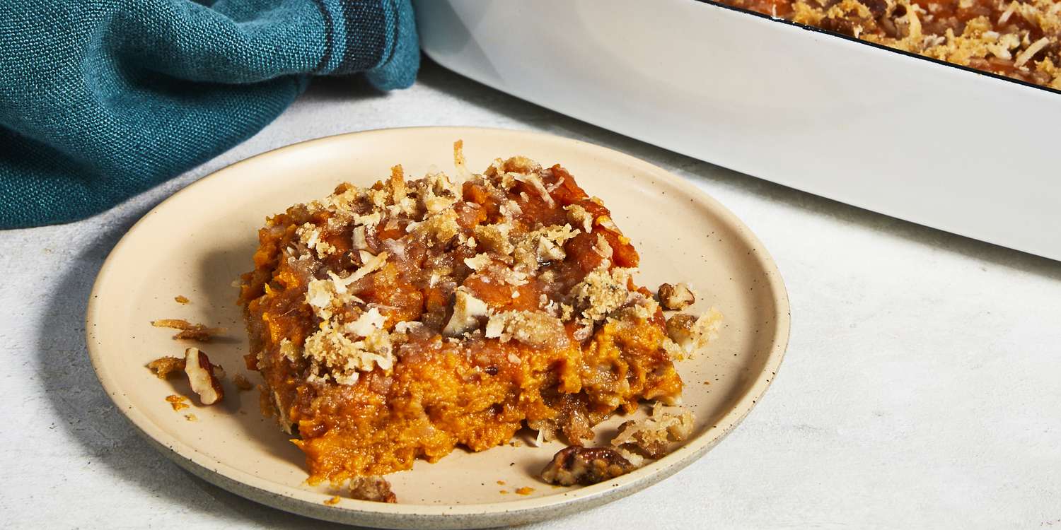 high angle view of a plated slice of sweet potato crunch with casserole dish in the background