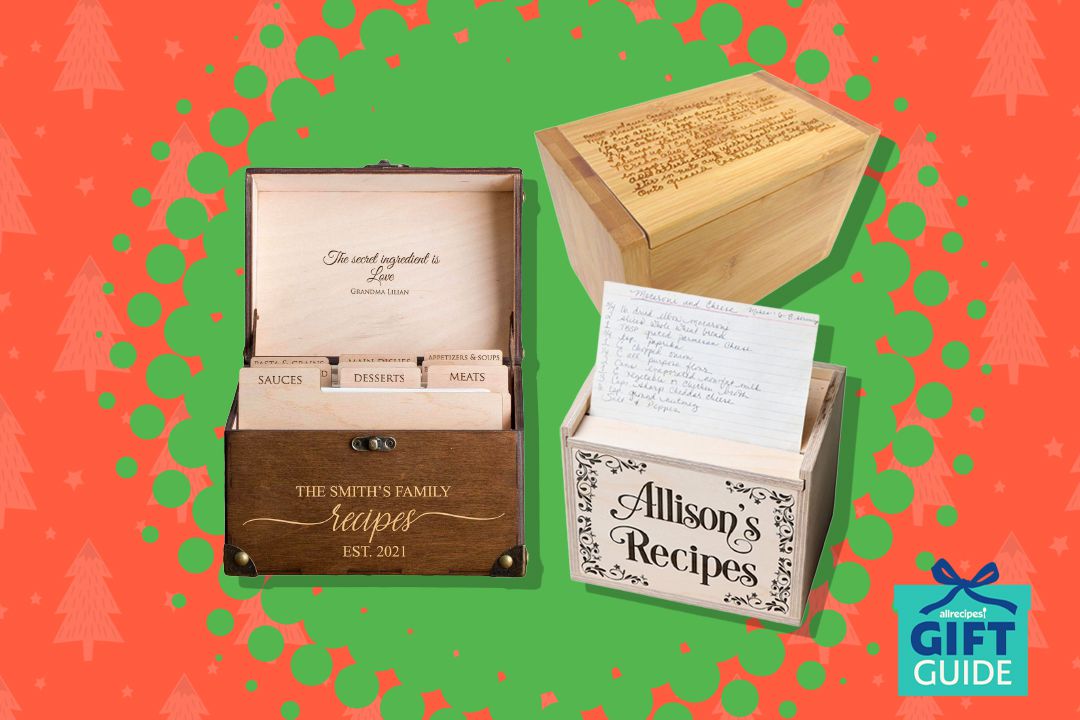 three wooden personalized recipe boxes engraved with name, note, and recipe