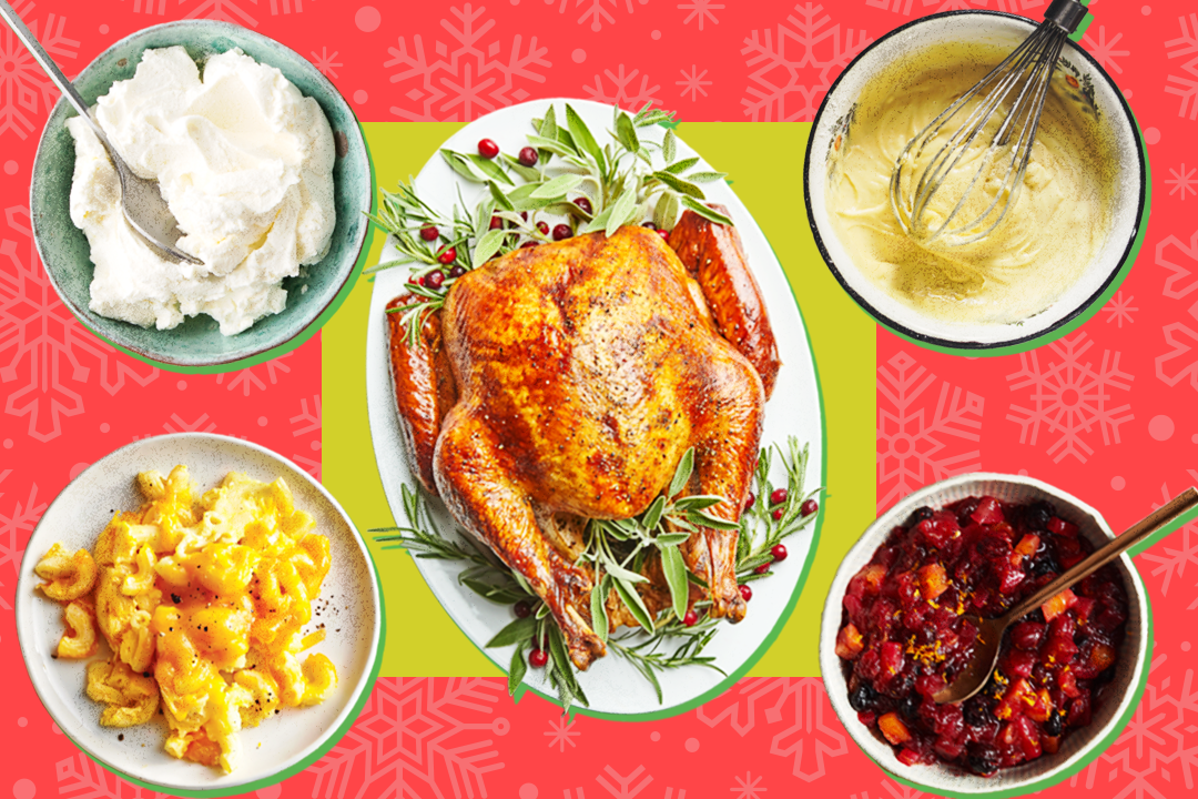 turkey and side dishes on a green and red snowflake background