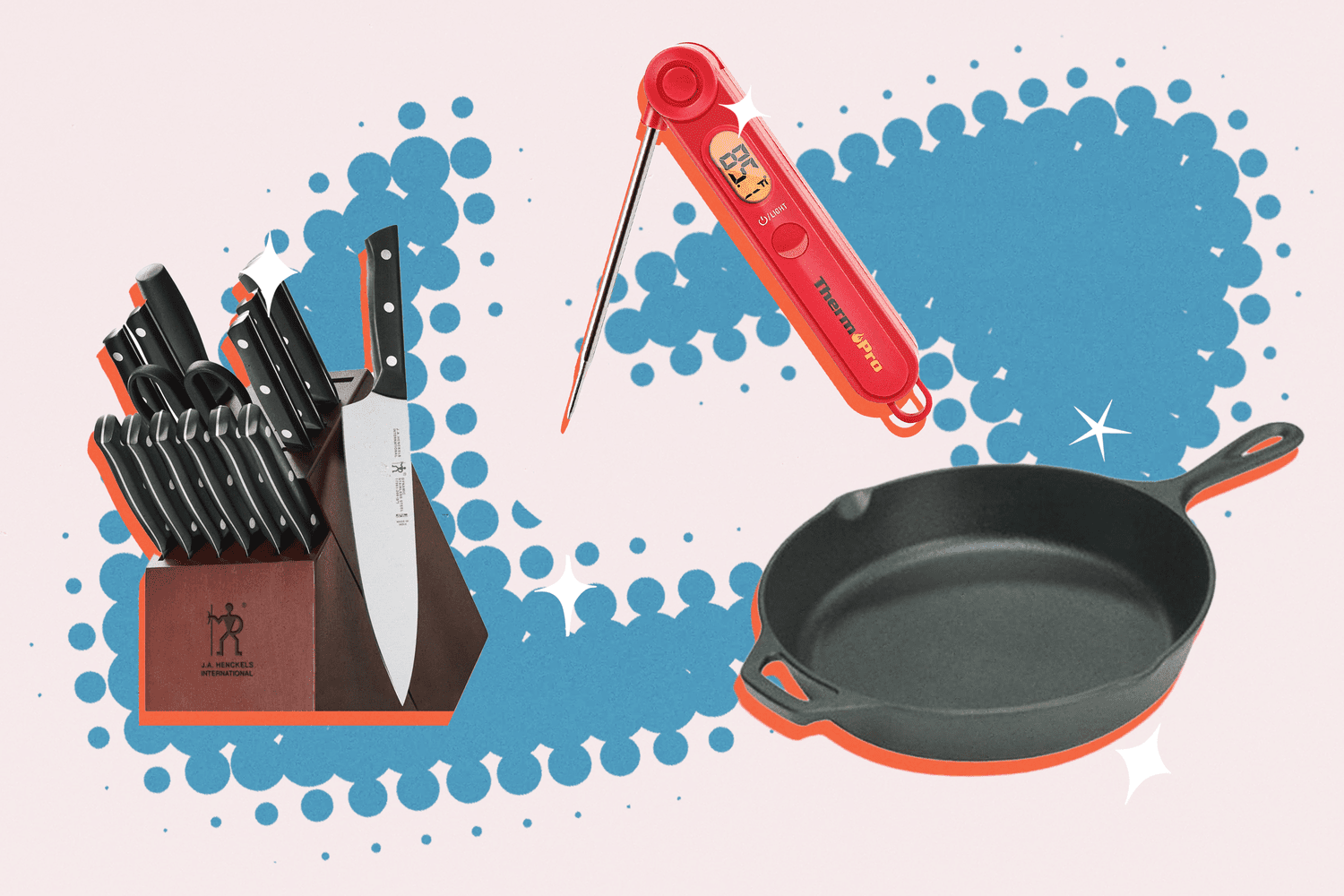 A knife block, meat thermometer, and cast iron skillet on a blue and white background