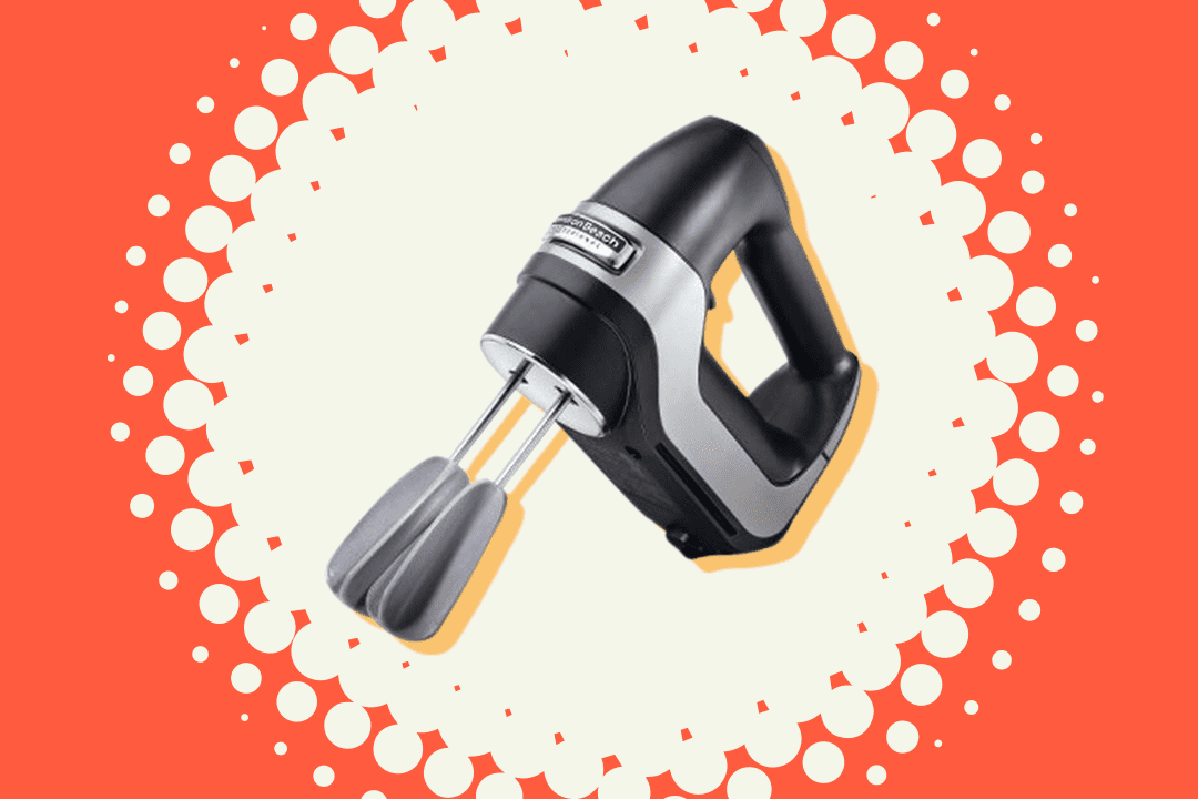 hamilton beach 7-speed hand mixer with easy beaters on a white burst background with orange frame