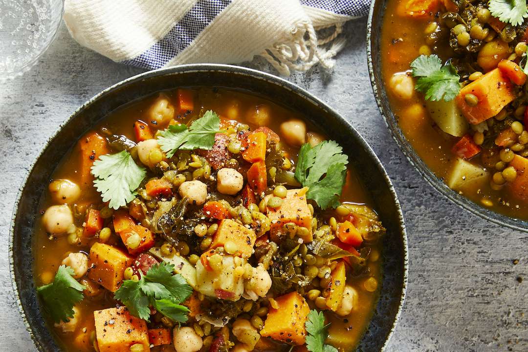 Moroccan style stew with chickpeas, lentils, topped with cilantro