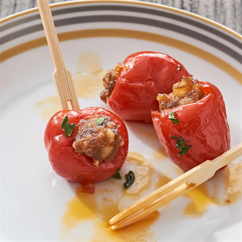 Sausage-Stuffed Cherry Pepper Poppers recipe on an appetizer plate