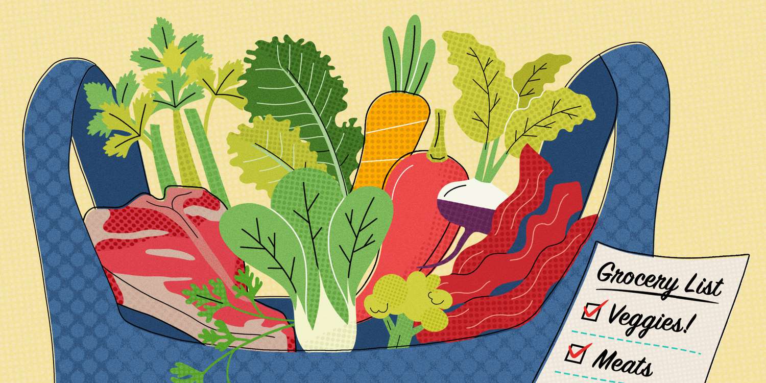 Illustration of grocery bag full of vegetables and meat