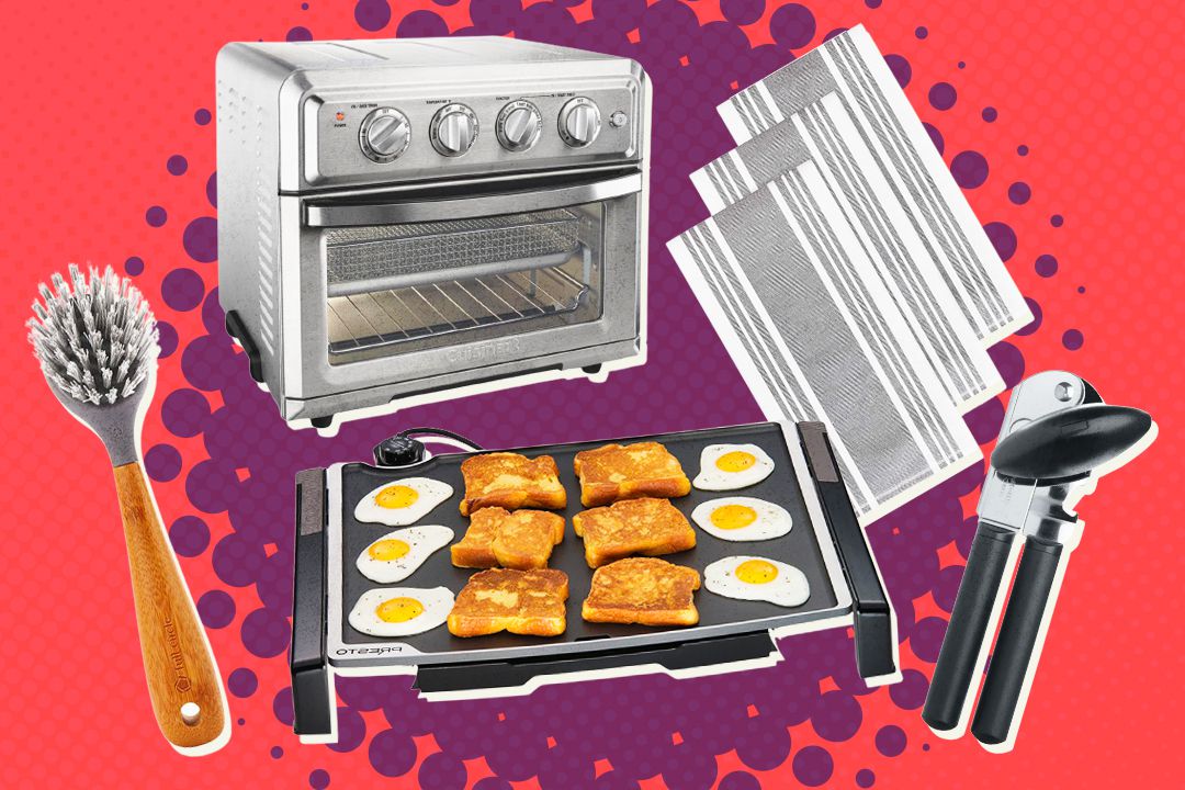 cast iron brush, convection toaster oven air fryer, griddle, dish towels, and can opener