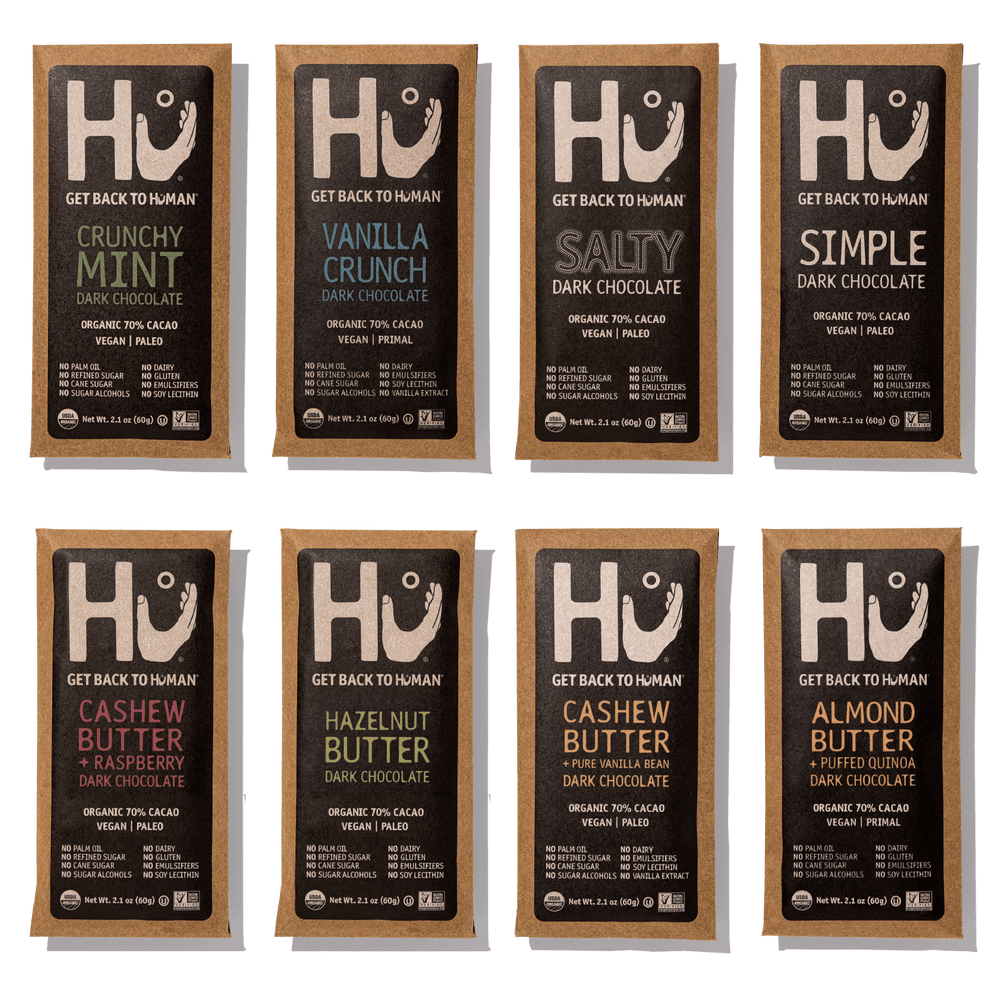 eight bars of Hu chocolate