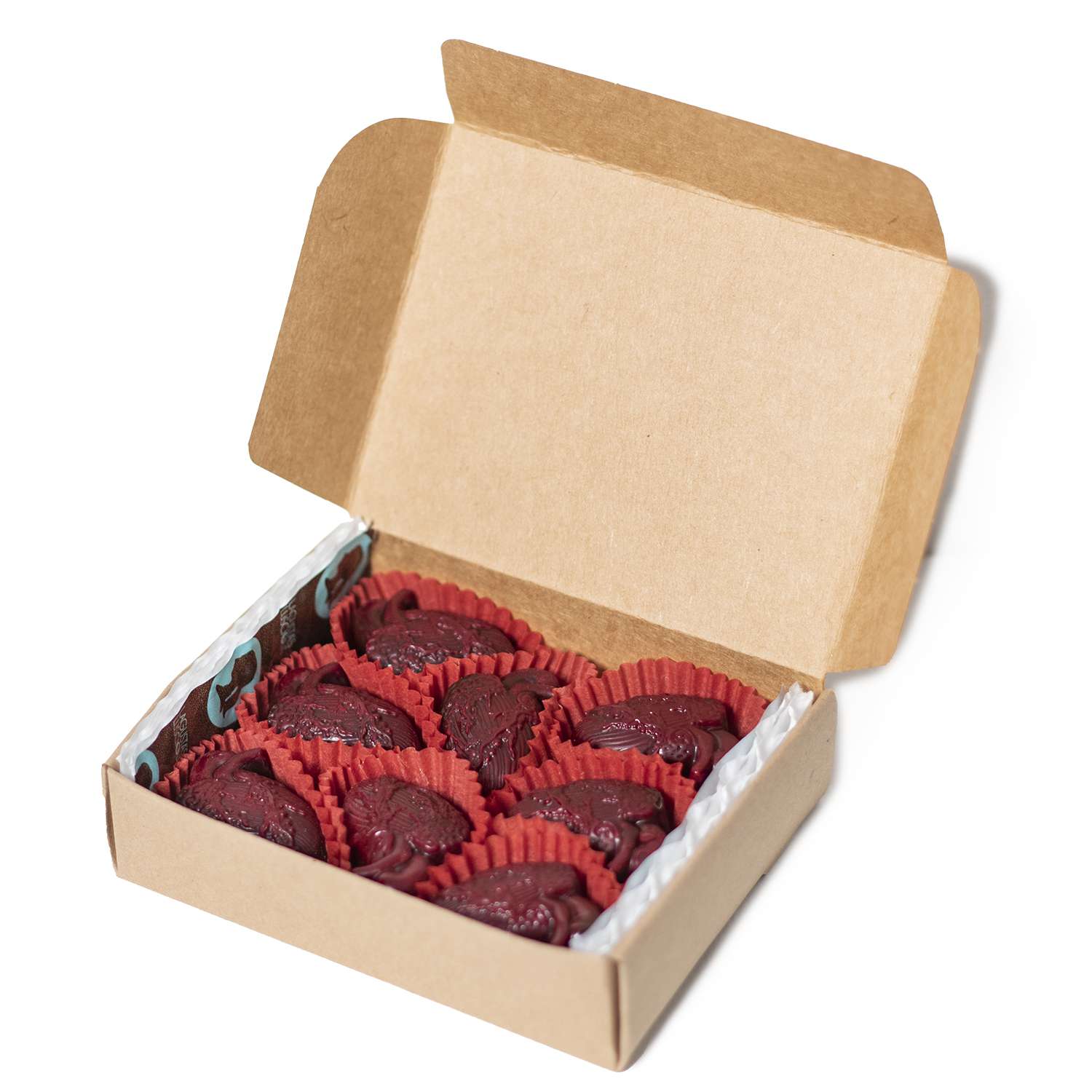 box of anatomical inspired chocolate heart candies