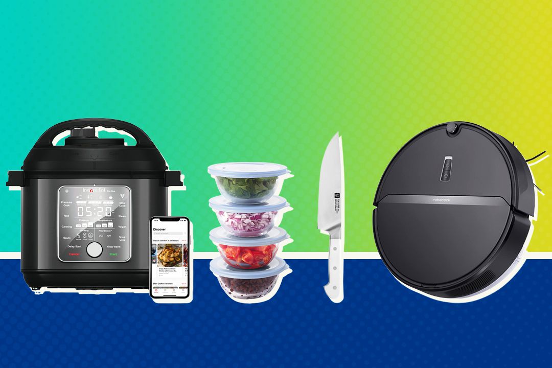 Instant Pot Pro, meal prep containers, chef's knife, and robotic vacuum