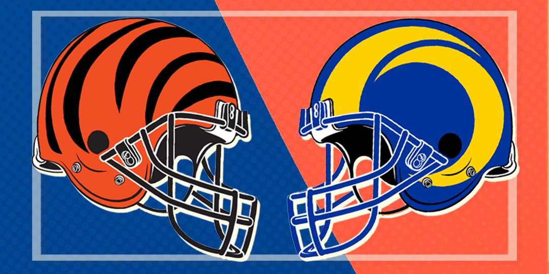 Super Bowl LVI Bengals and Rams helmets tout