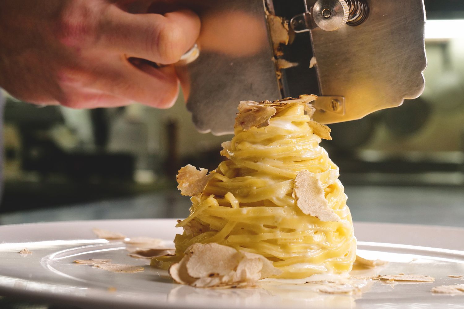 Egg pasta dish, typical Italian, with fine white truffle grated
