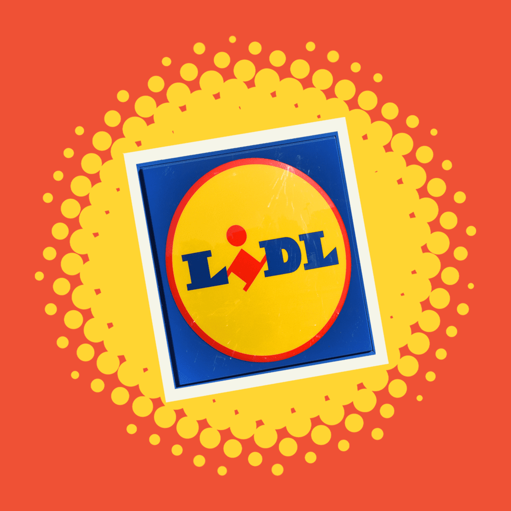 Lidl logo on a yellow burst on an orange square background