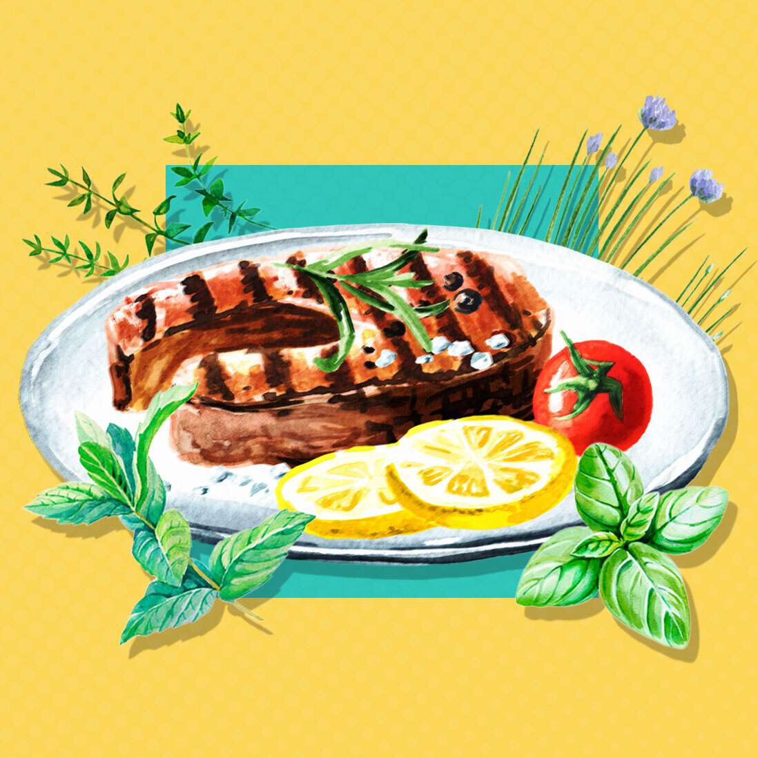 an illustrated dinner plate with a salmon steak topped with fresh rosemary and surrounded by a variety of illustrated herbs