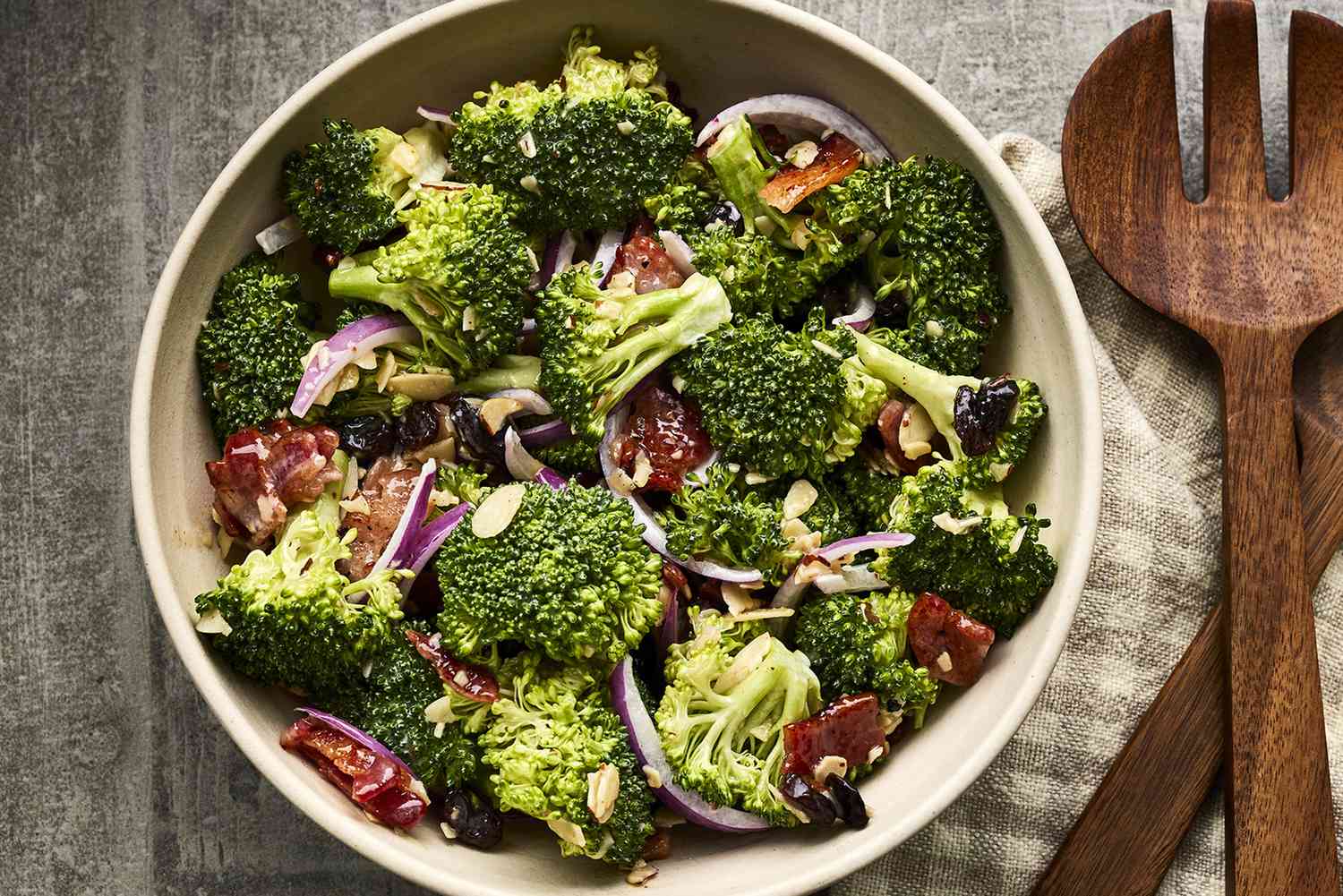 an overhead, close up view of fresh broccoli salad
