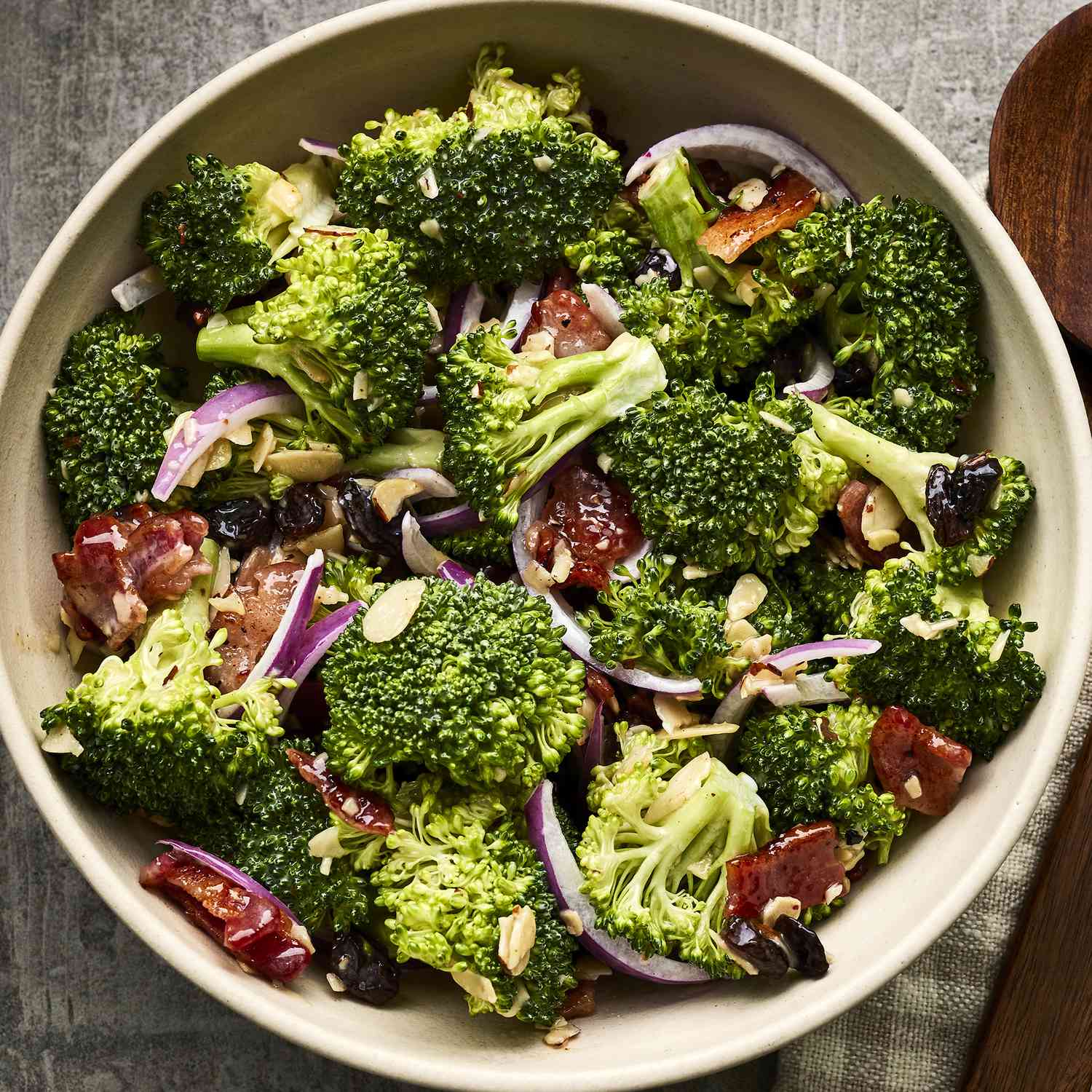 an overhead, close up view of fresh broccoli salad