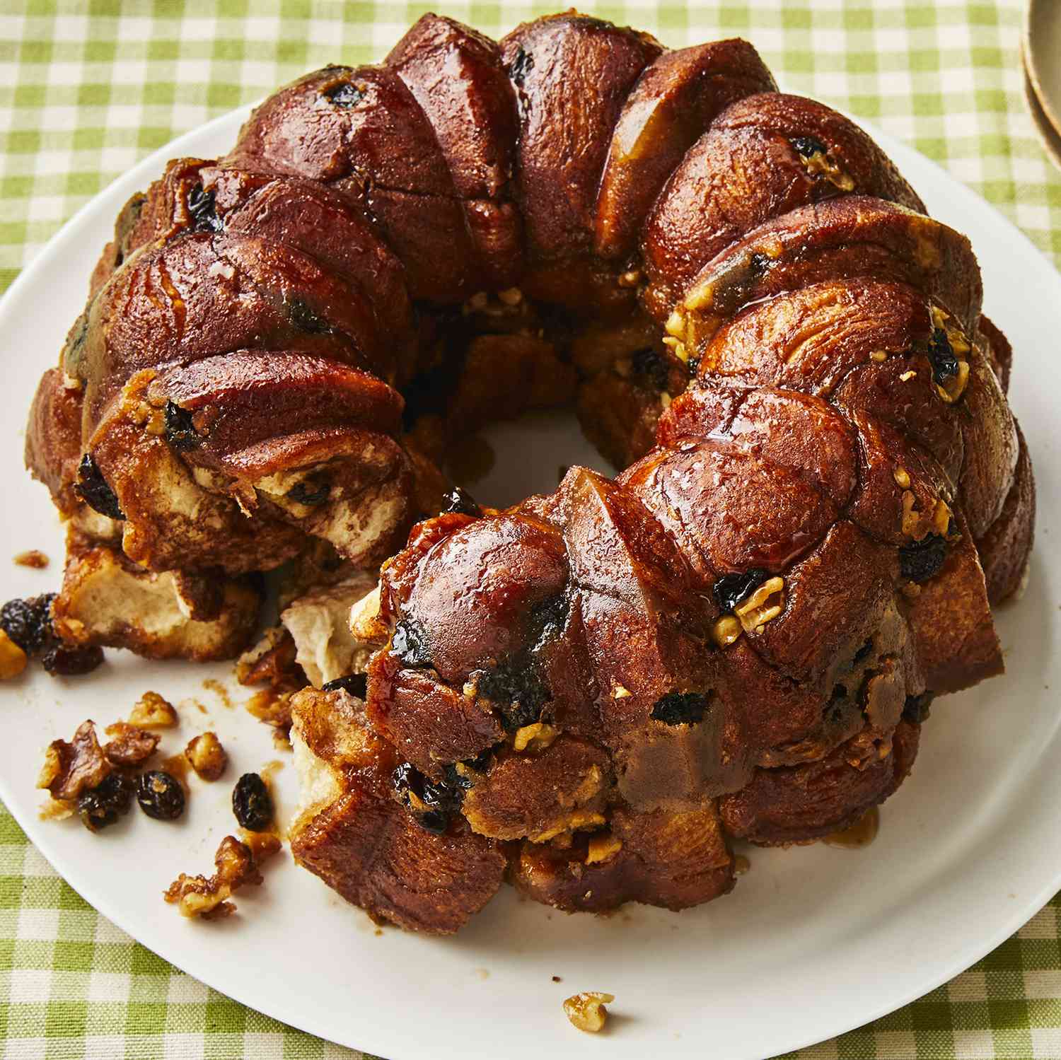 a high angle view of fresh monkey bread with a portion torn into