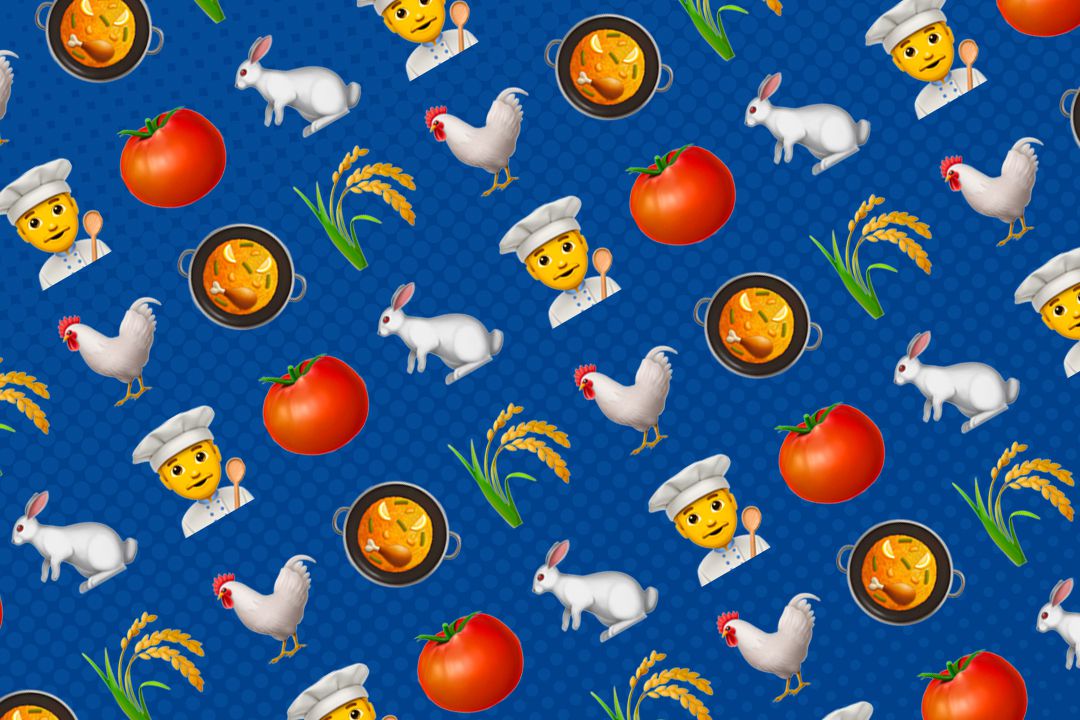 paella emoji, chef emoji, tomato emoji, chicken emoji, and rabbit emoji pattern background