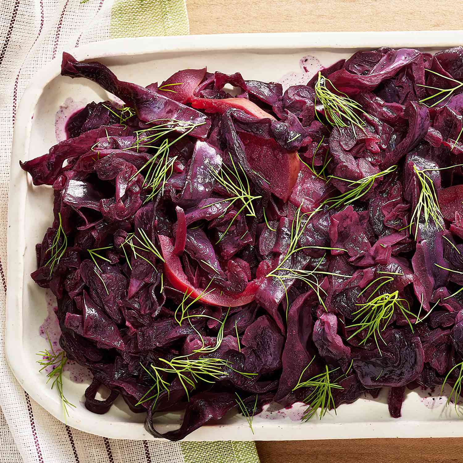 a close up, overhead view of a platter of Grandma Jeanettes amazing German red cabbage