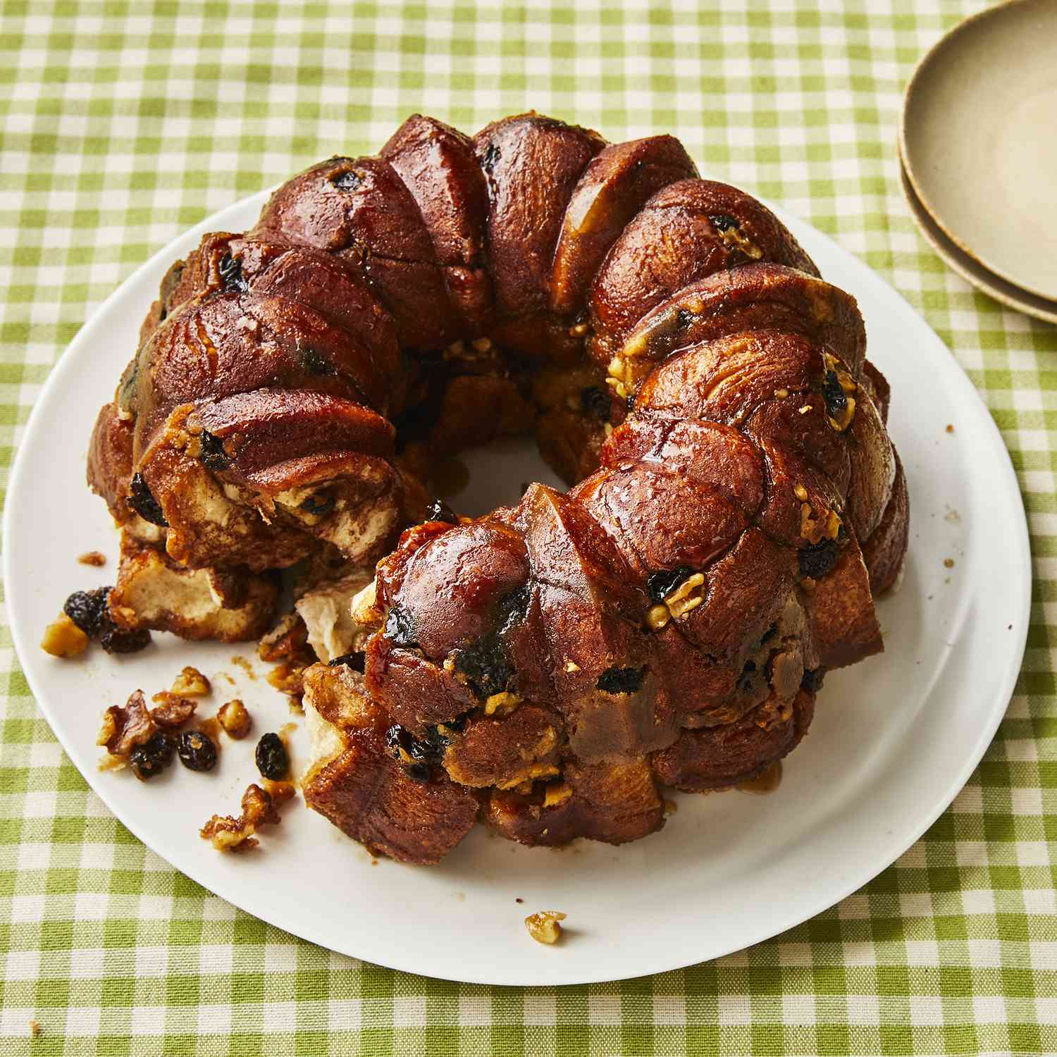 a high angle view of fresh monkey bread with a portion torn into