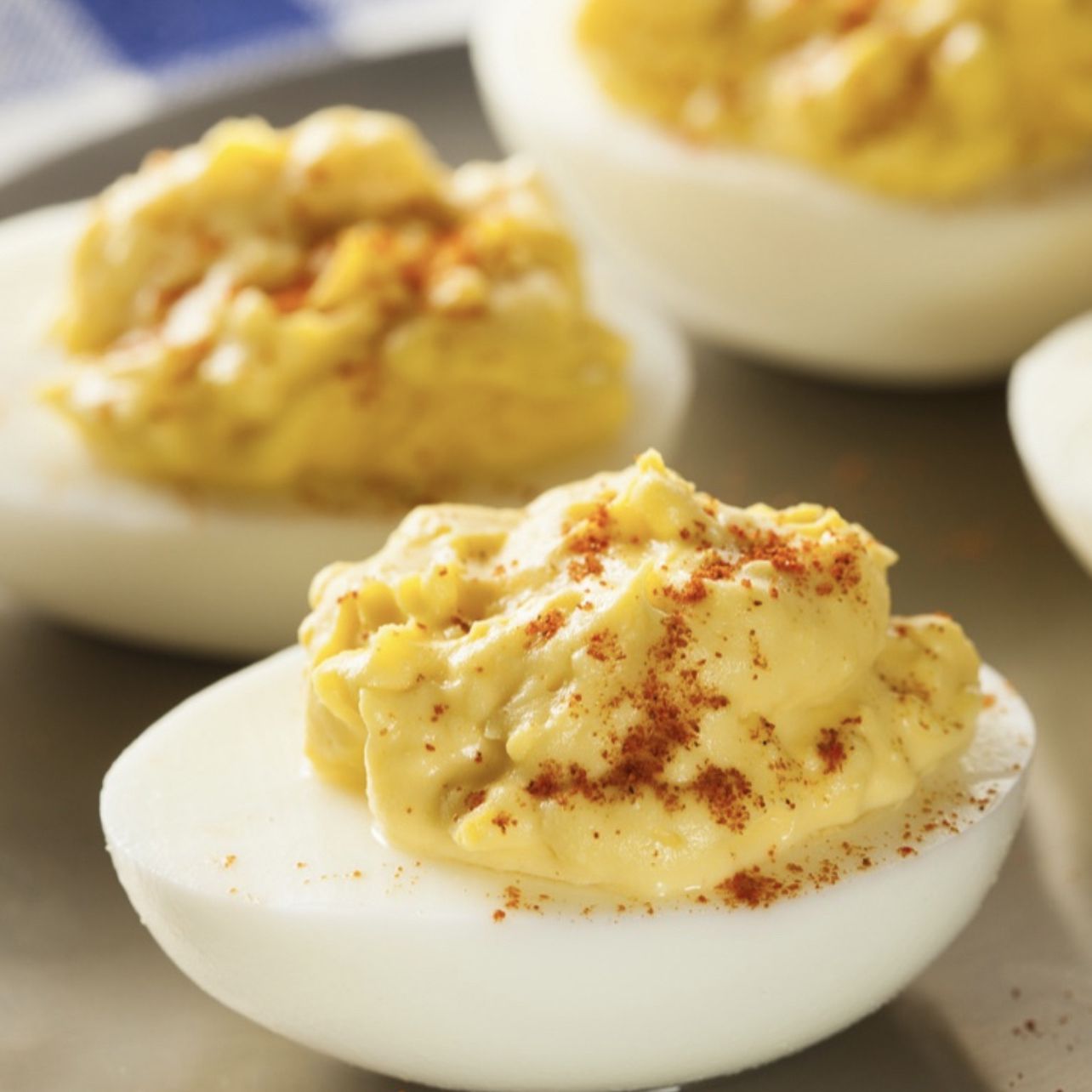a close up, profile view of perfect looking deviled eggs.