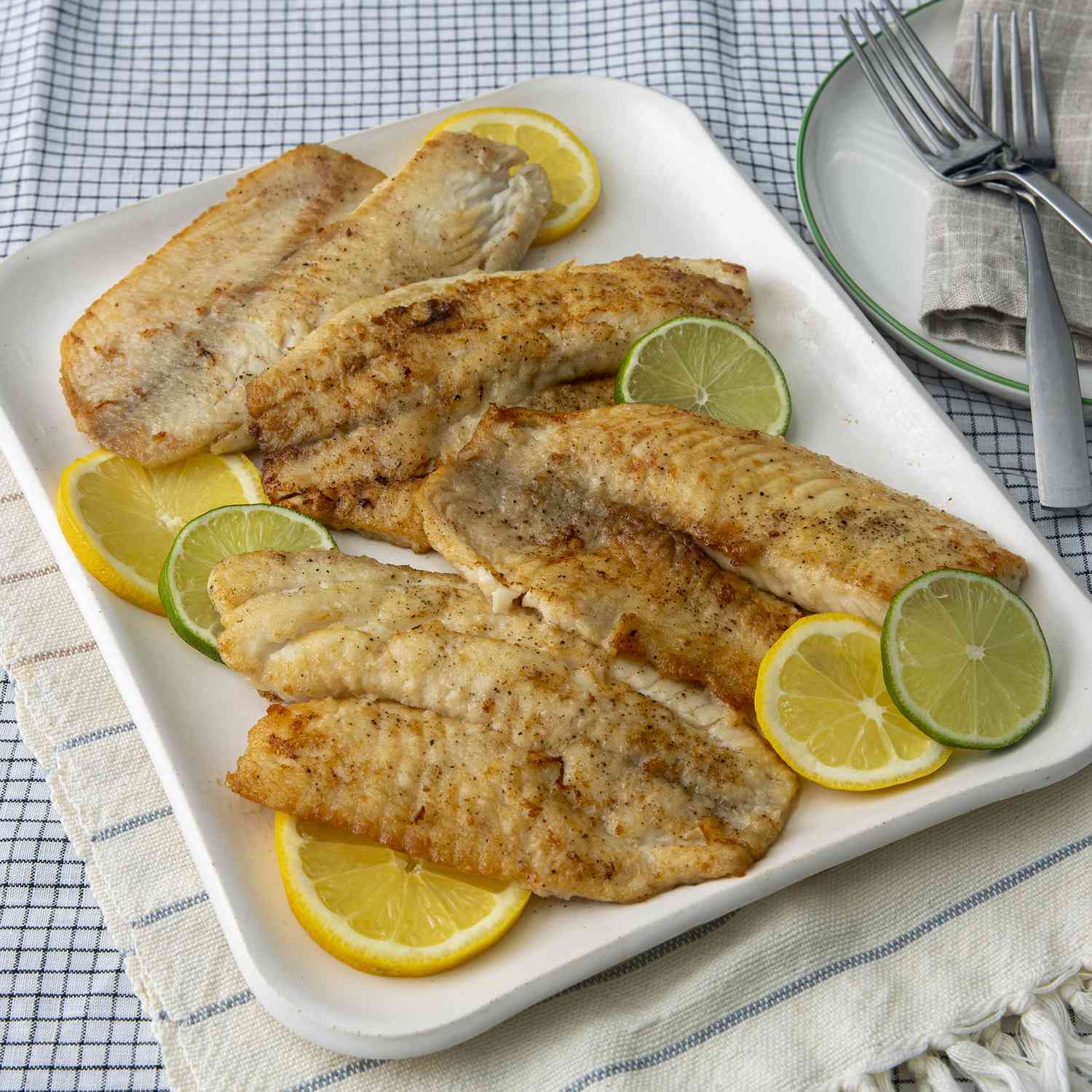 high angle looking at a plate of pan seared tilapia garnished with lemon and lime slices