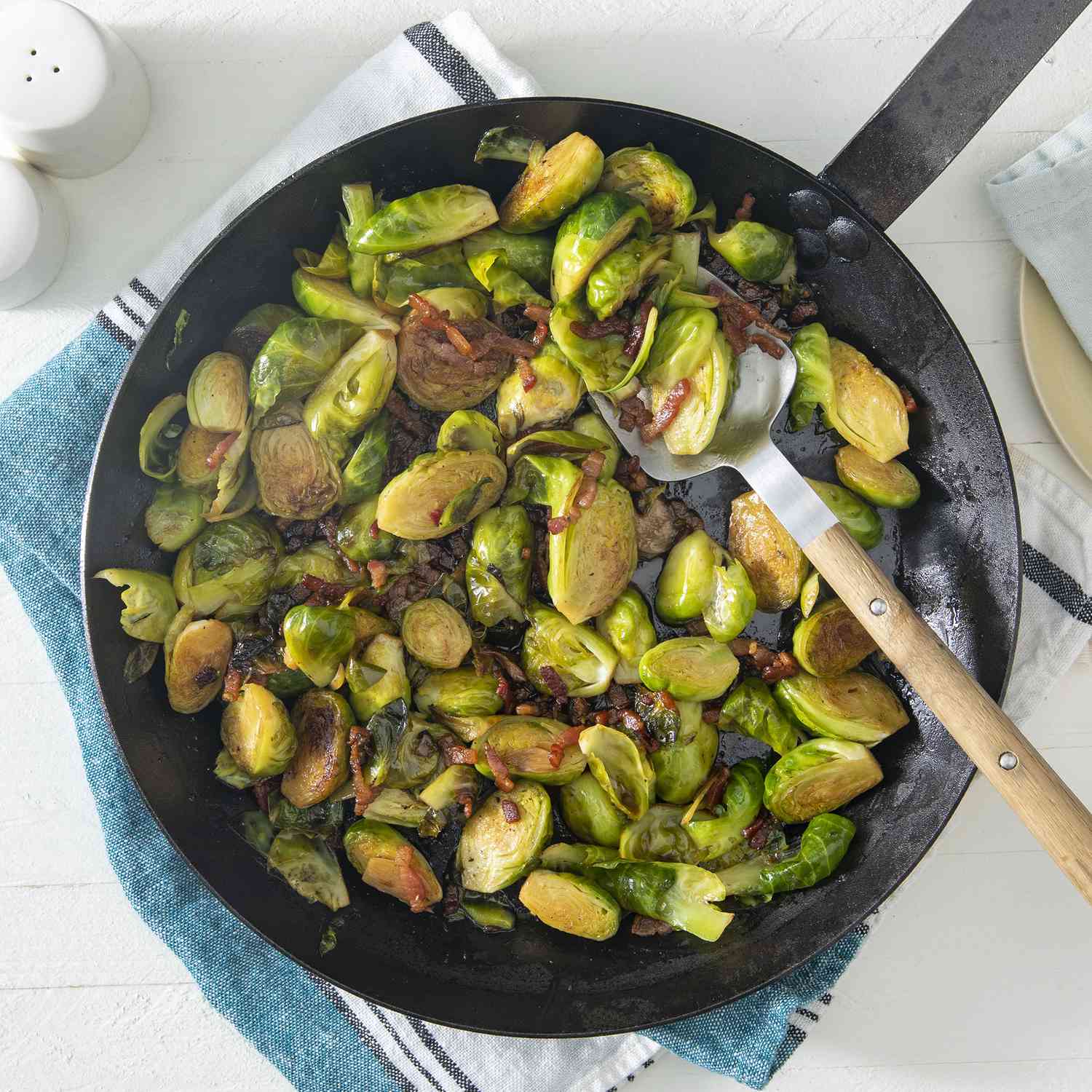 overhead view of a skillet of brussels sprouts