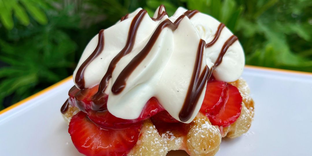 A Liege waffle on a white plate topped with sliced strawberries, a swirl of whipped cream and a drizzle of chocolate.