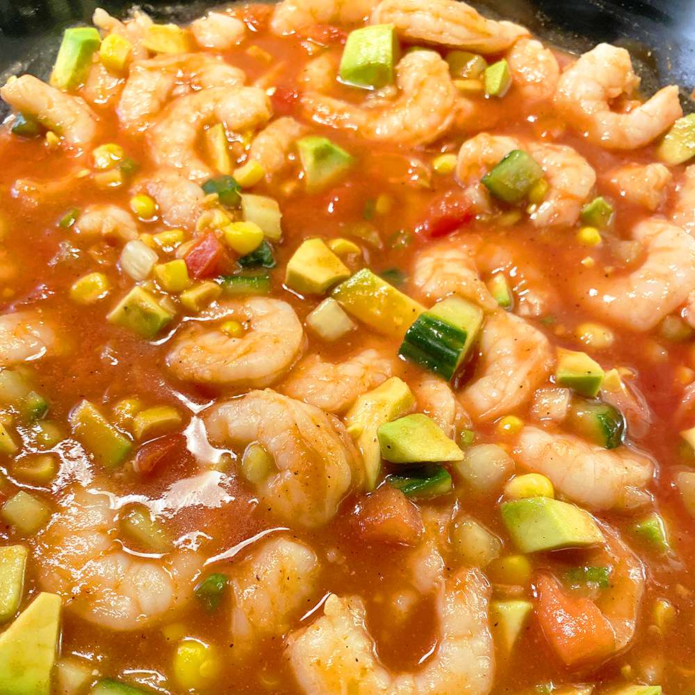 close up view of Mexican Shrimp Cocktail in a bowl