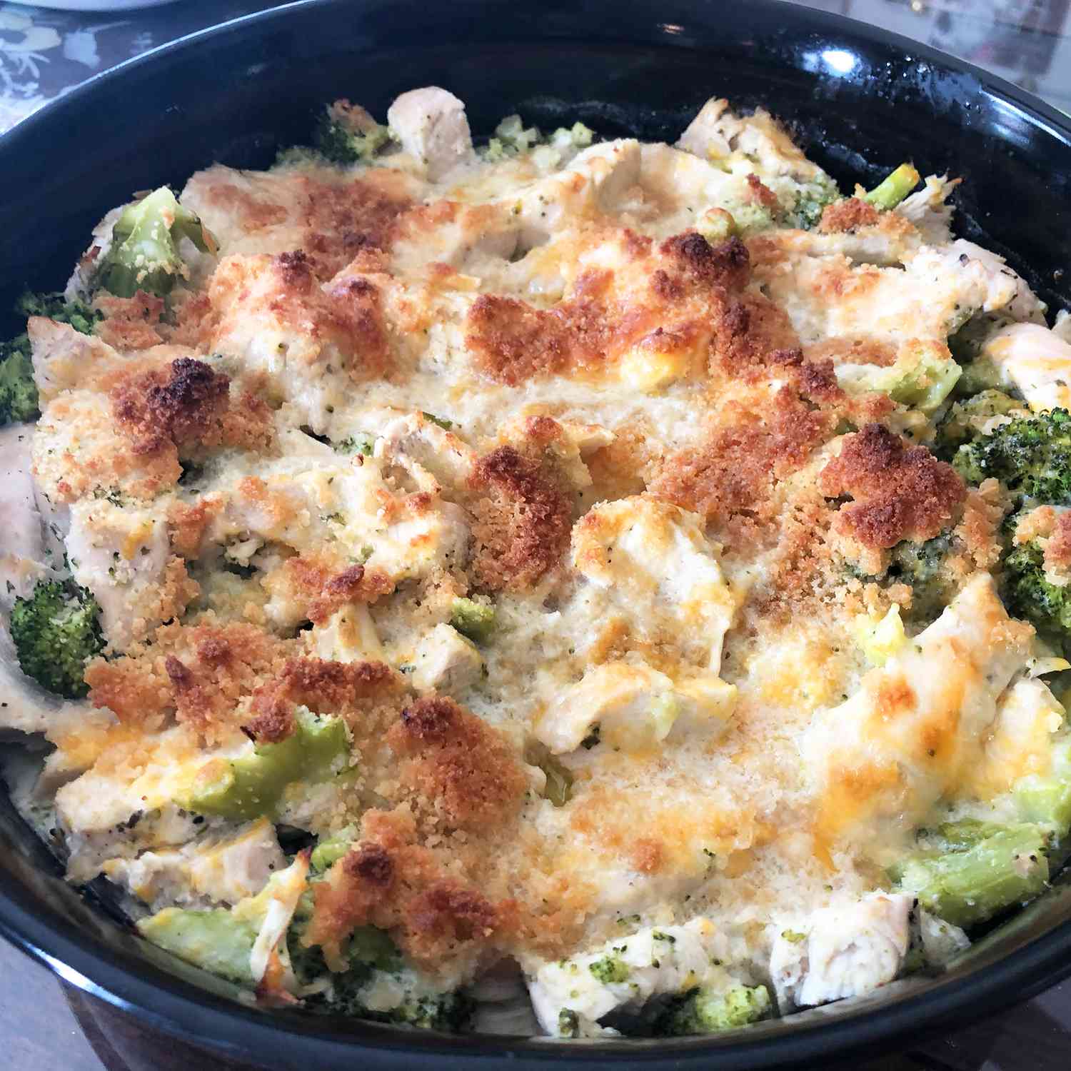 close up view of Broccoli Chicken Divan in a baking dish