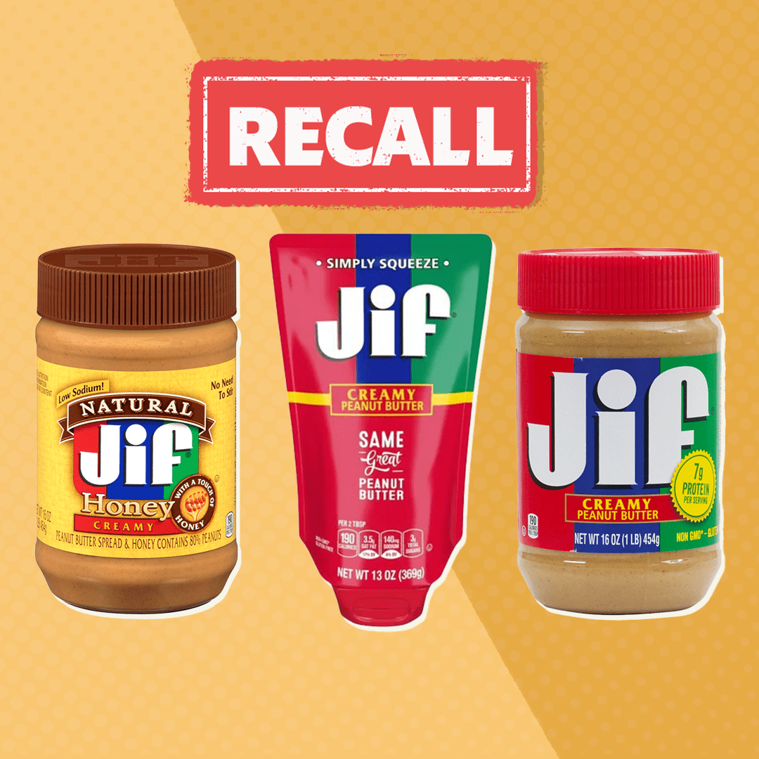 two tone gold background with three jif peanut butter products and a button that reads recall