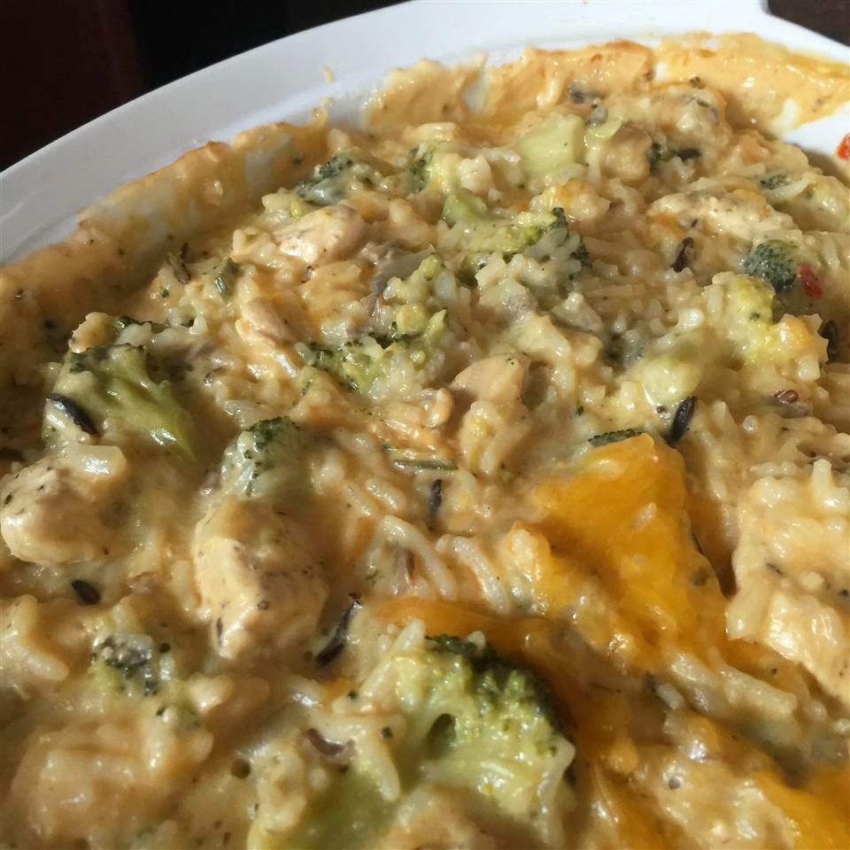 close up view of a Broccoli Rice Casserole in a baking dish