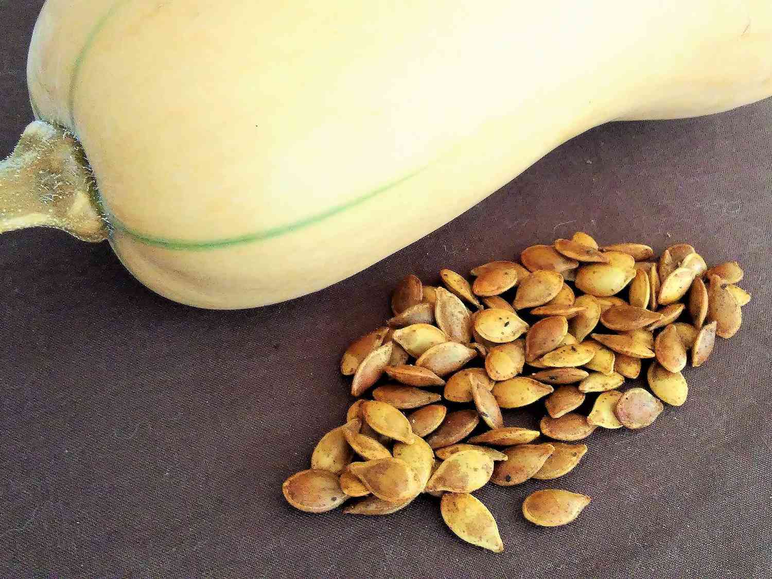 close up view of Roasted Winter Squash Seeds next to a squash