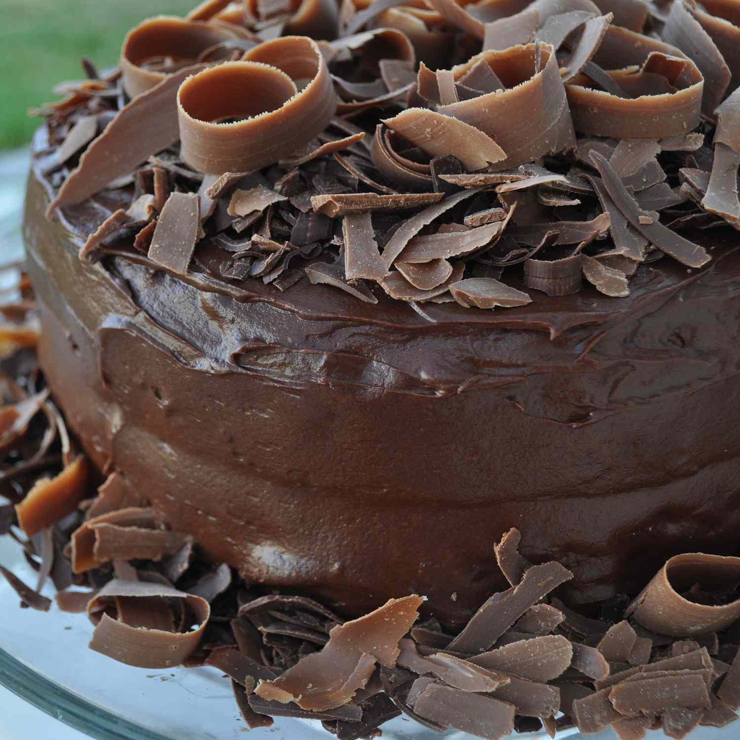 close up view of Hershey's Chocolate Cake garnished with chocolate