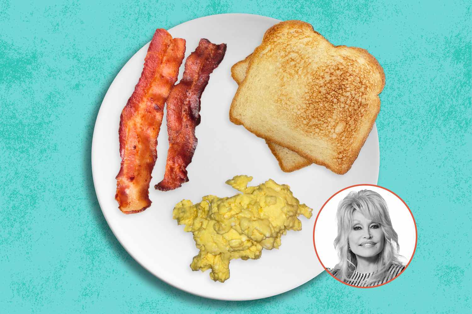 plate of scrambled eggs, bacon, and toast with Dolly Parton's face