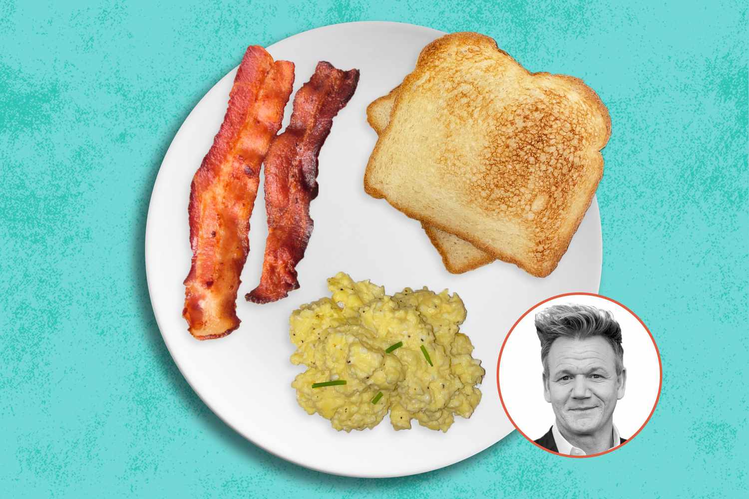 plate of scrambled eggs, bacon, and toast with Gordon Ramsay's face