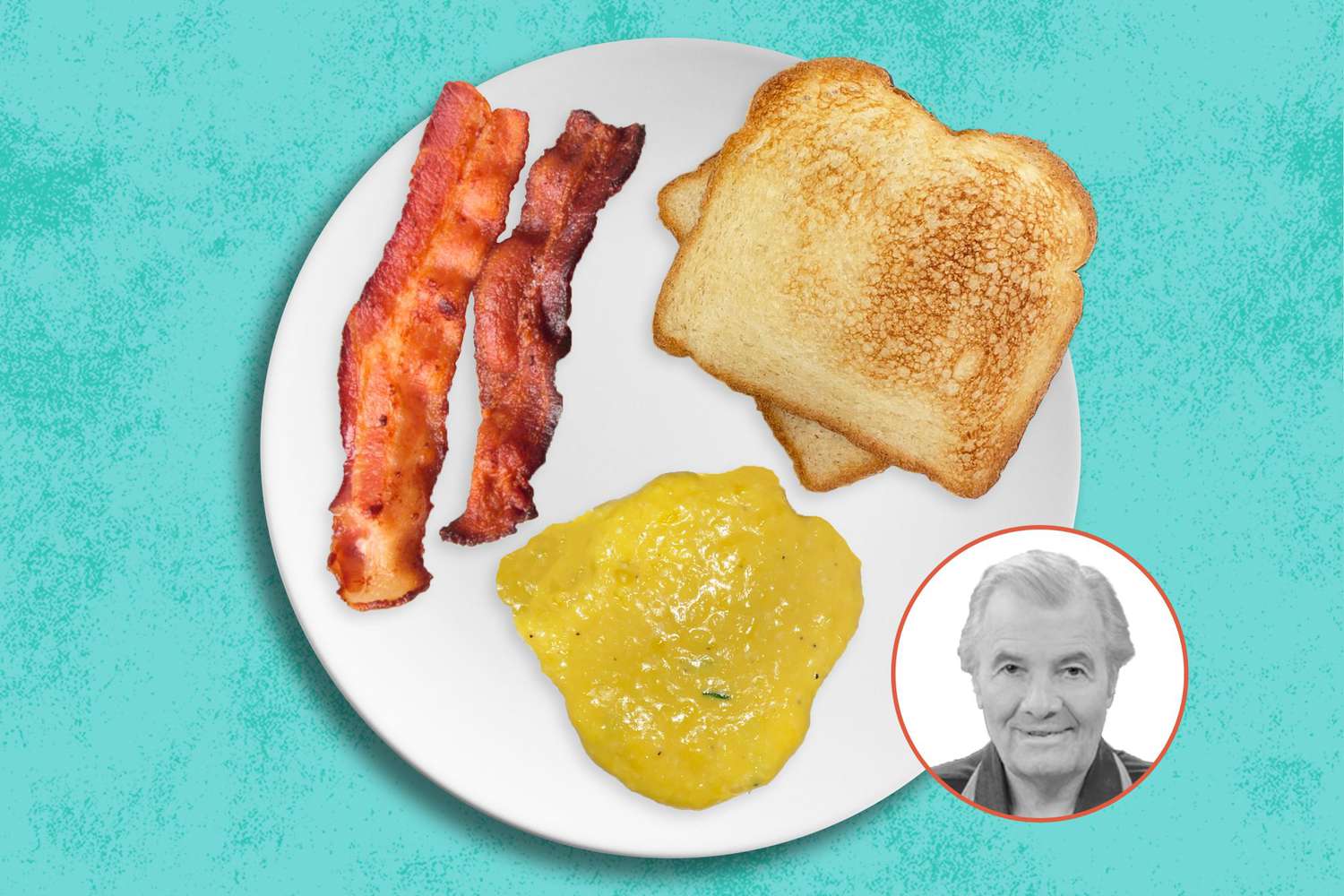 plate of scrambled eggs, bacon, and toast with Jacques Pepin's face