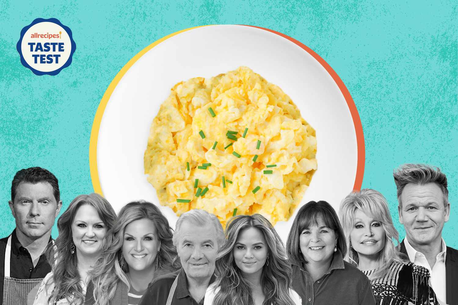 Scrambled eggs surrounded by Bobby Flay, Ree Drummond, Trisha Yearwood, Jacques Pepin, Chrissy Teigen, Ina Garten, Dolly Parton, and Gordon Ramsay