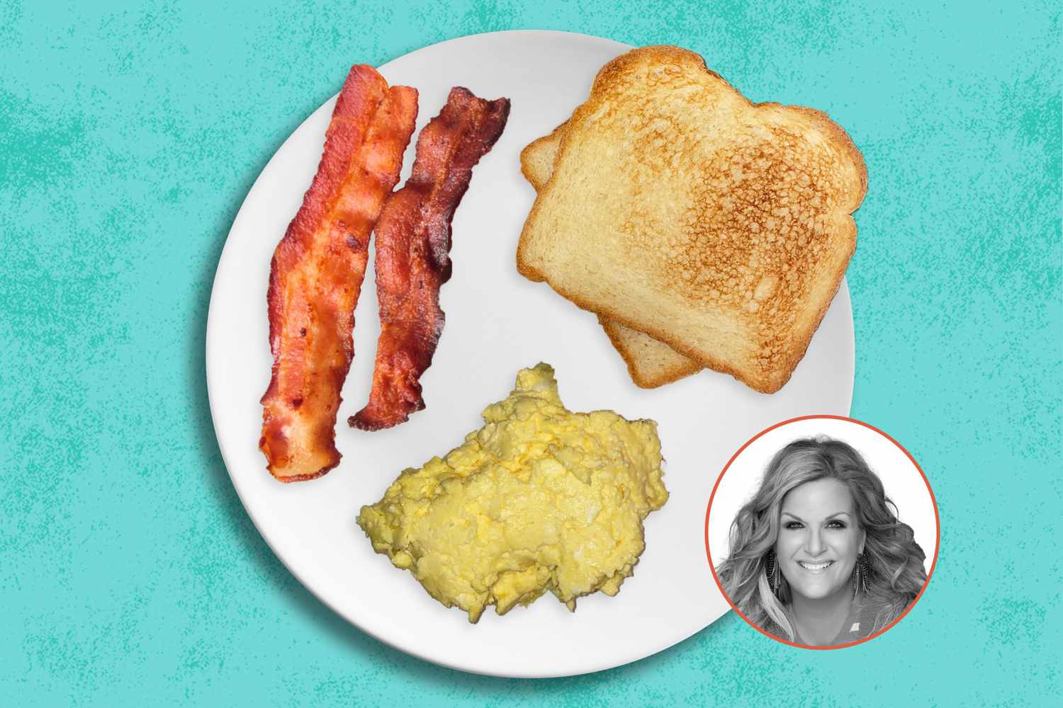 plate of scrambled eggs, bacon, and toast with Trisha Yearwood's face