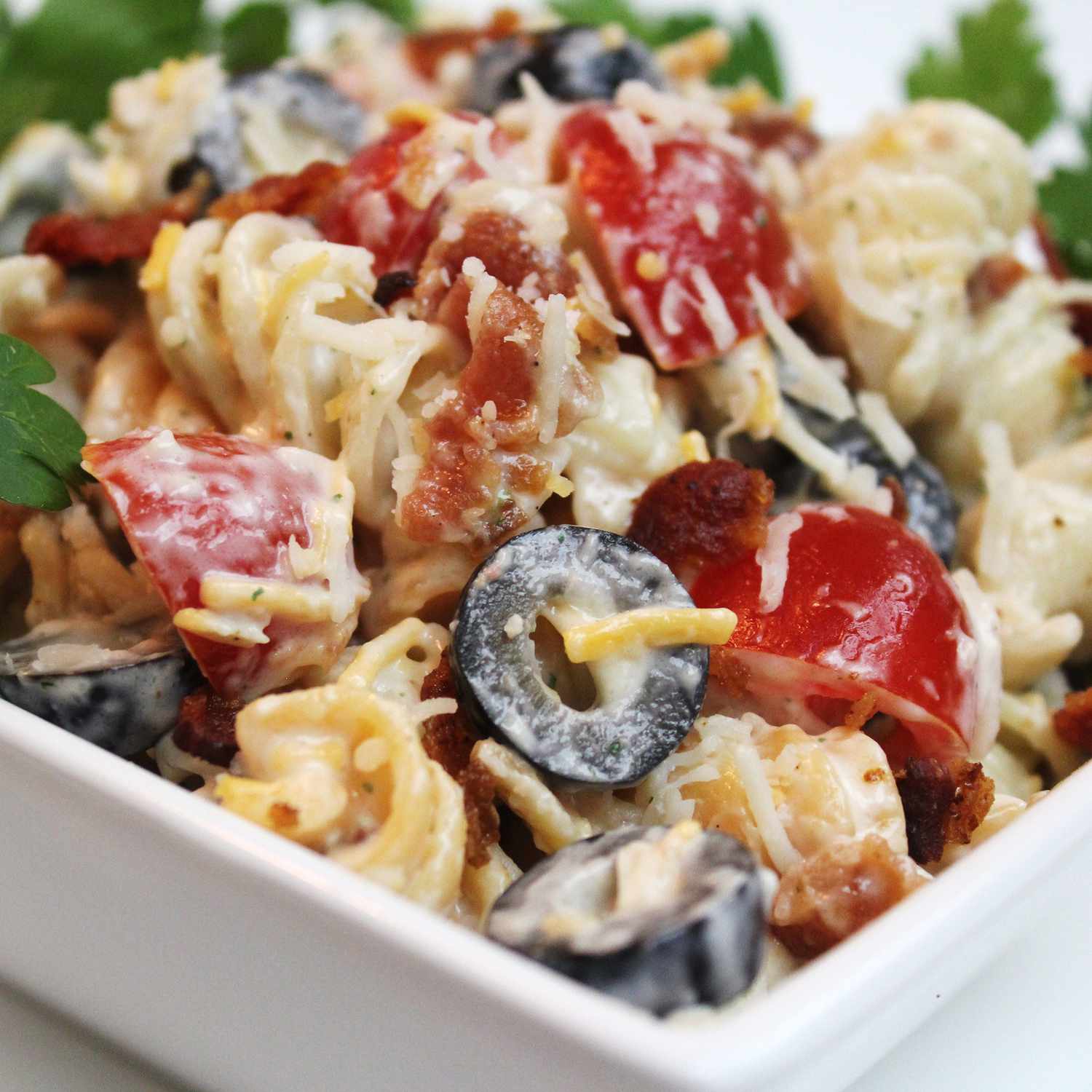 close up view of Bacon Ranch Pasta Salad in a white bowl