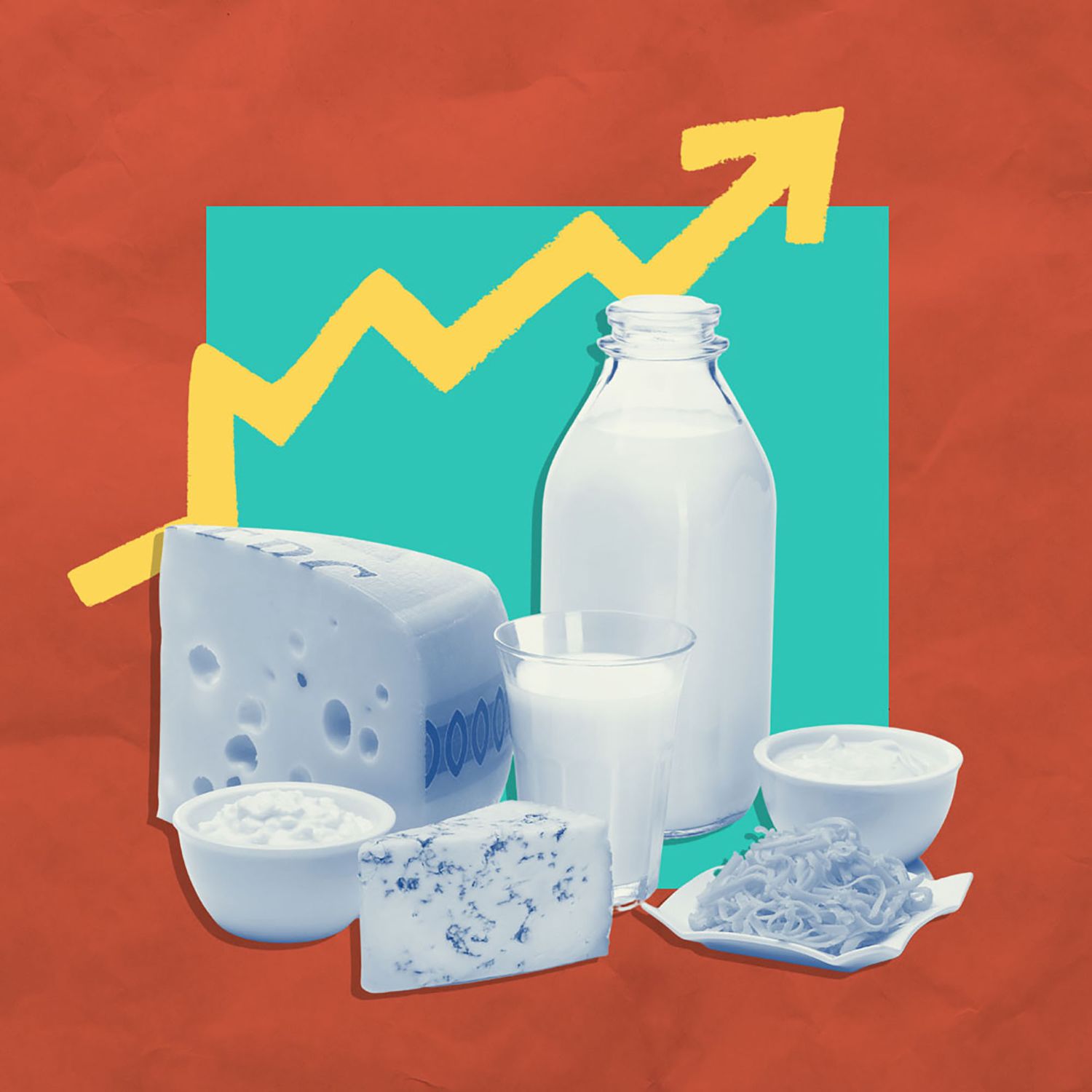 Milk, cheese and other dairy products sit in front of an upward arrow indicating the rising prices of dairy.