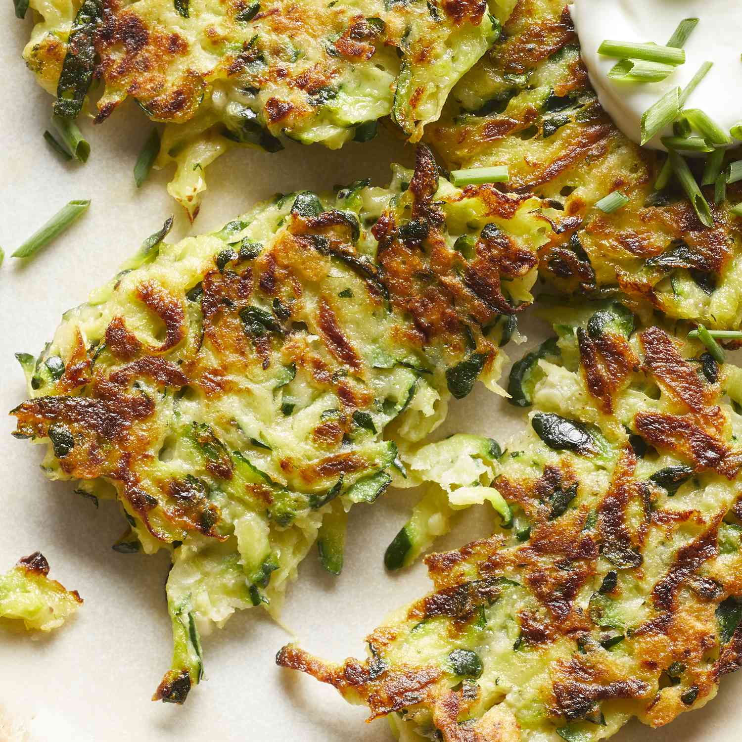 overhead angle looking at a plate of zucchini fritters