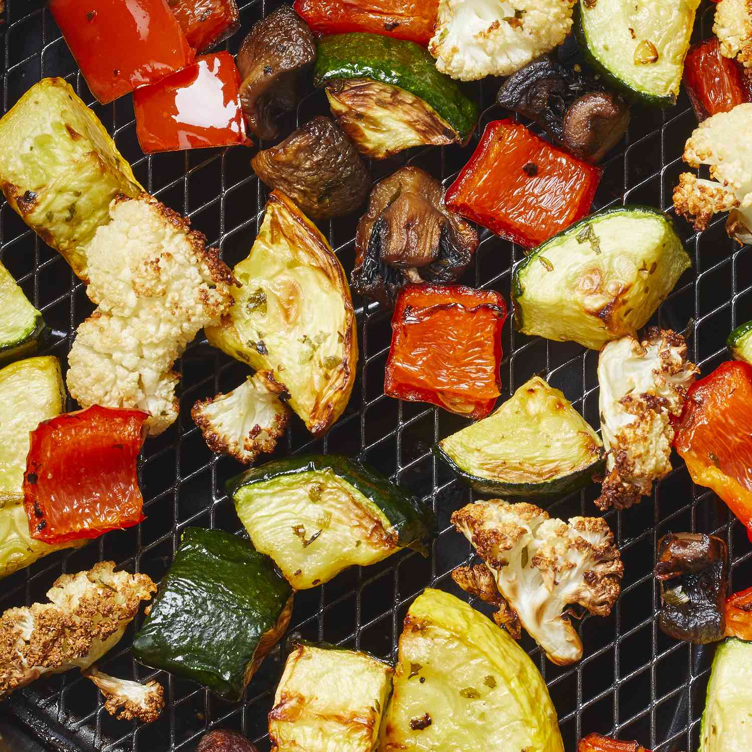 overhead angle looking down at air-fryer roasted vegetables