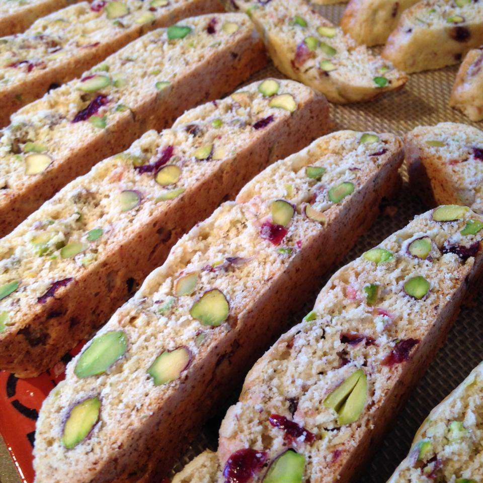 close up view of Cranberry Pistachio Biscotti on a baking sheet
