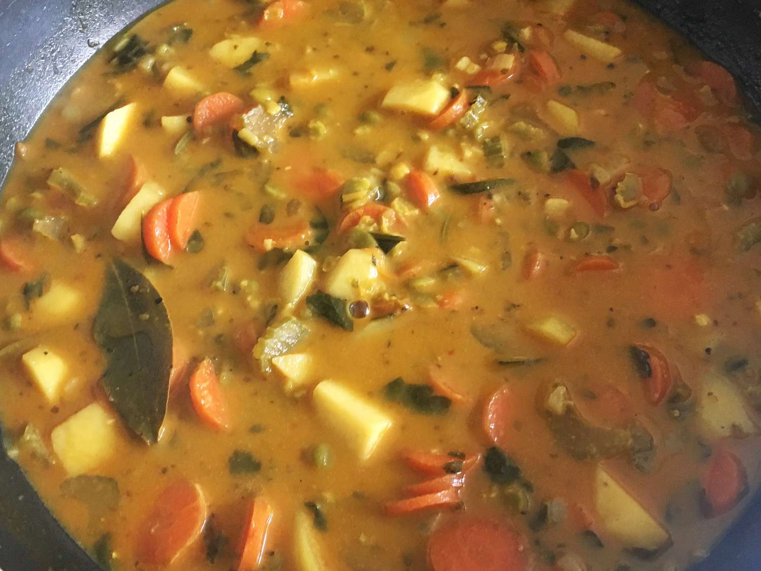 close up view of Vegan Split Pea Soup in a pot