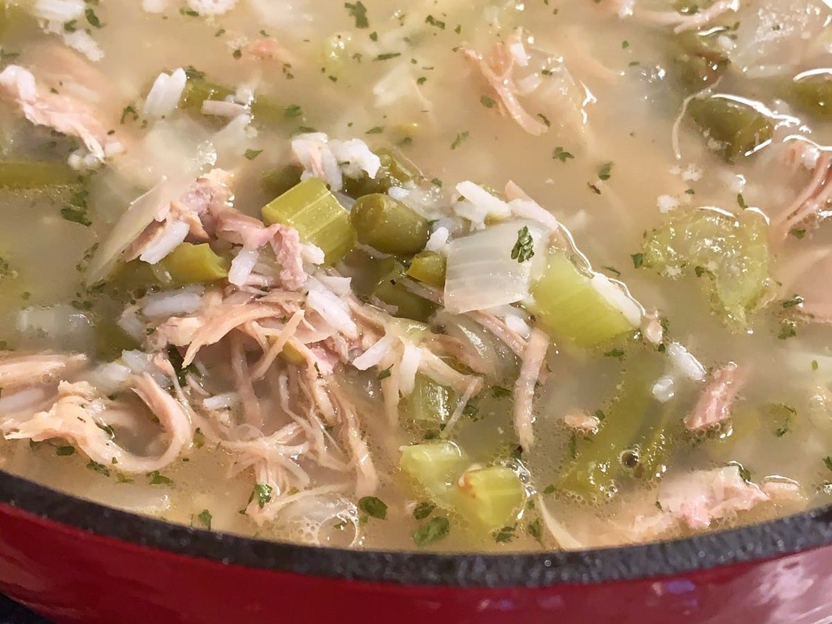 close up view of Classic Turkey and Rice Soup in a red pot