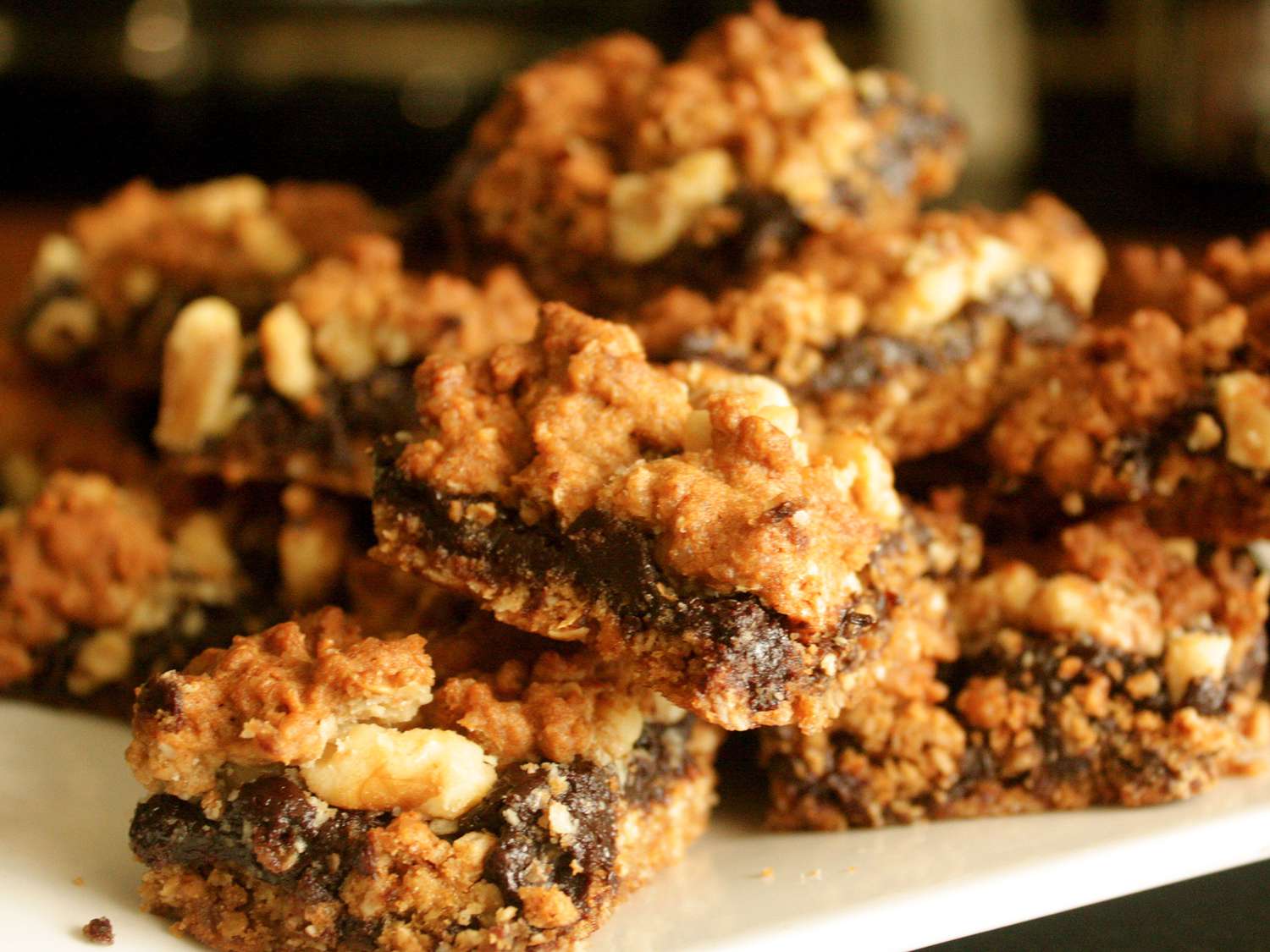 close up view of a pile of Chocolate Revel Bars on a platter