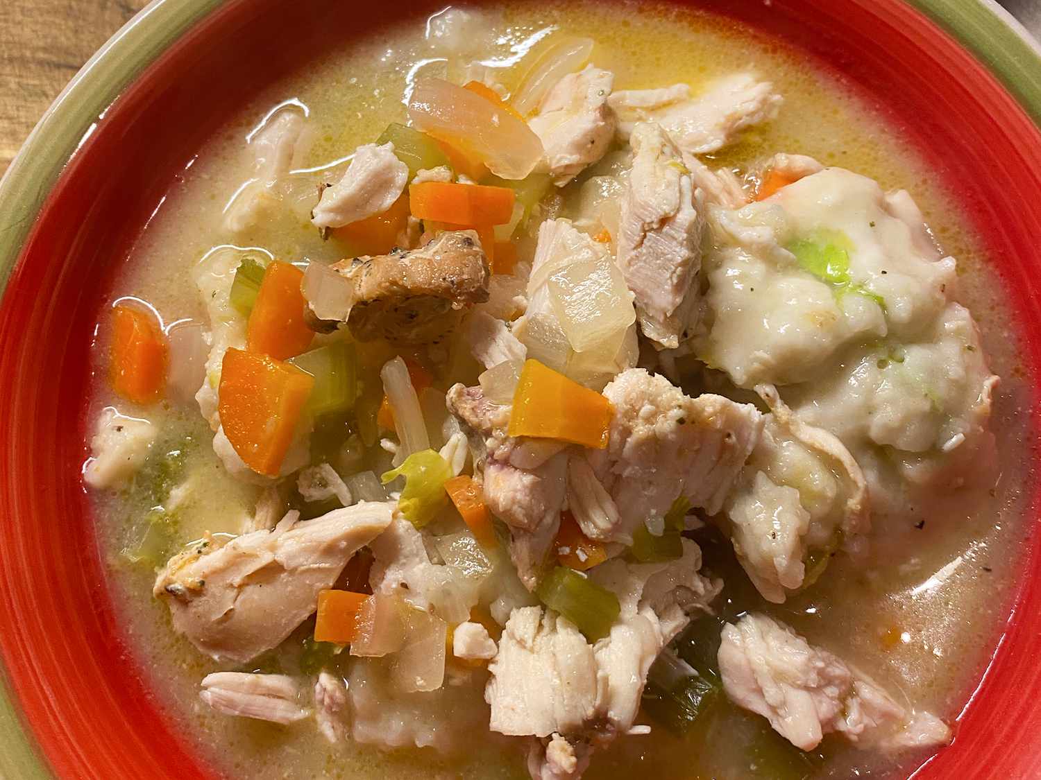 close up view of Chicken and Dumplings soup in a bowl