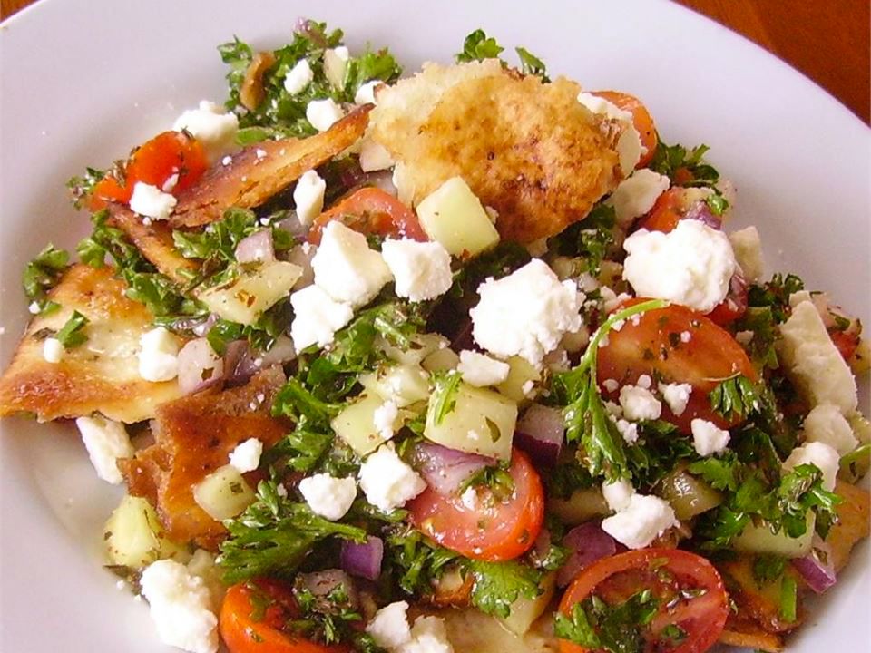 close up view of Arabic Fattoush Salad in a bowl