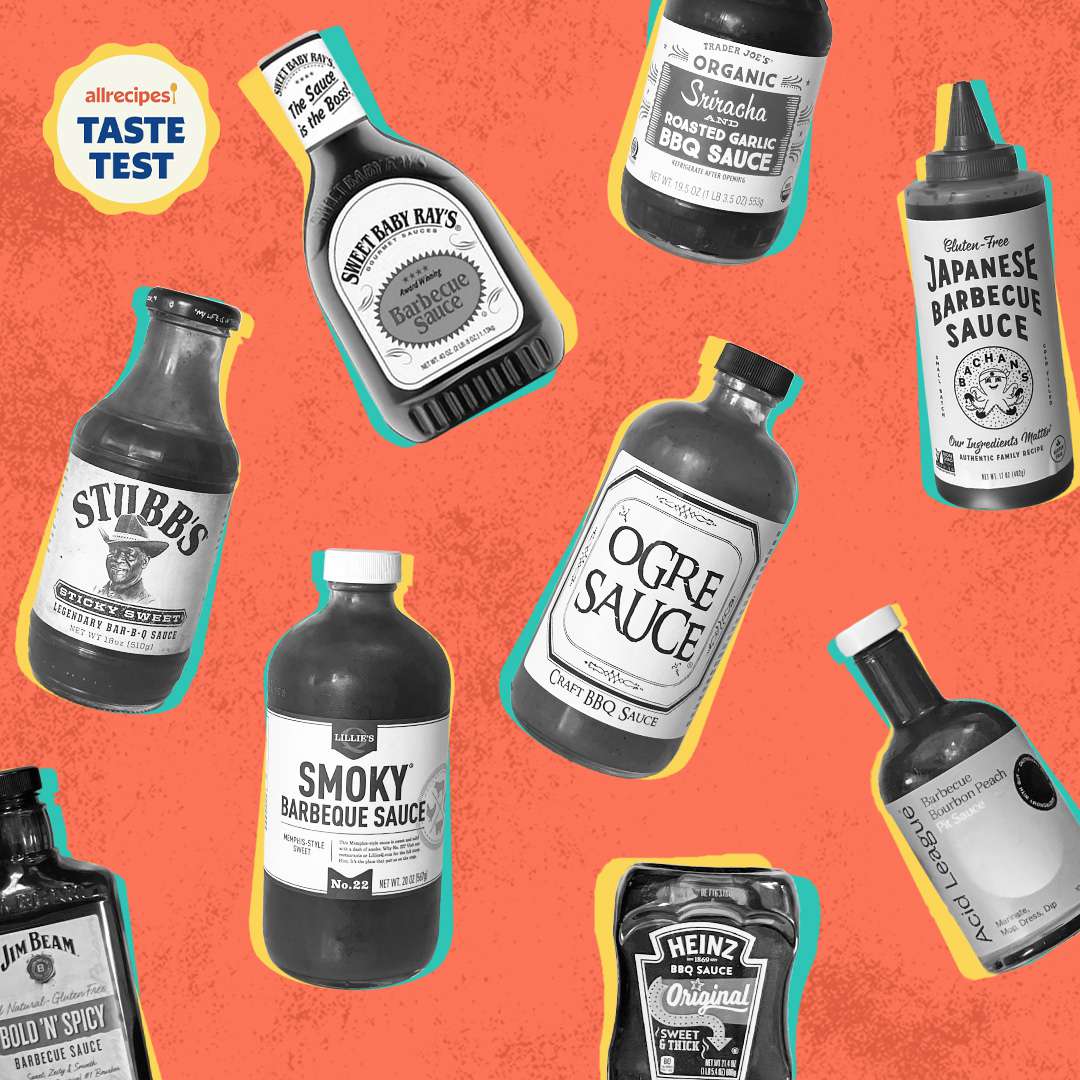 An assortment of BBQ sauce bottles floating on an orange background with an "Allrecipes Taste Test" seal on top
