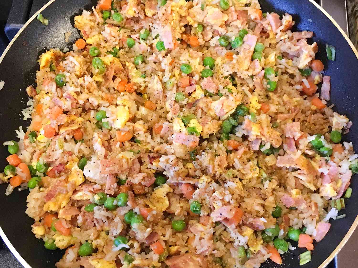close up view of Fried Rice with Ham in a pan